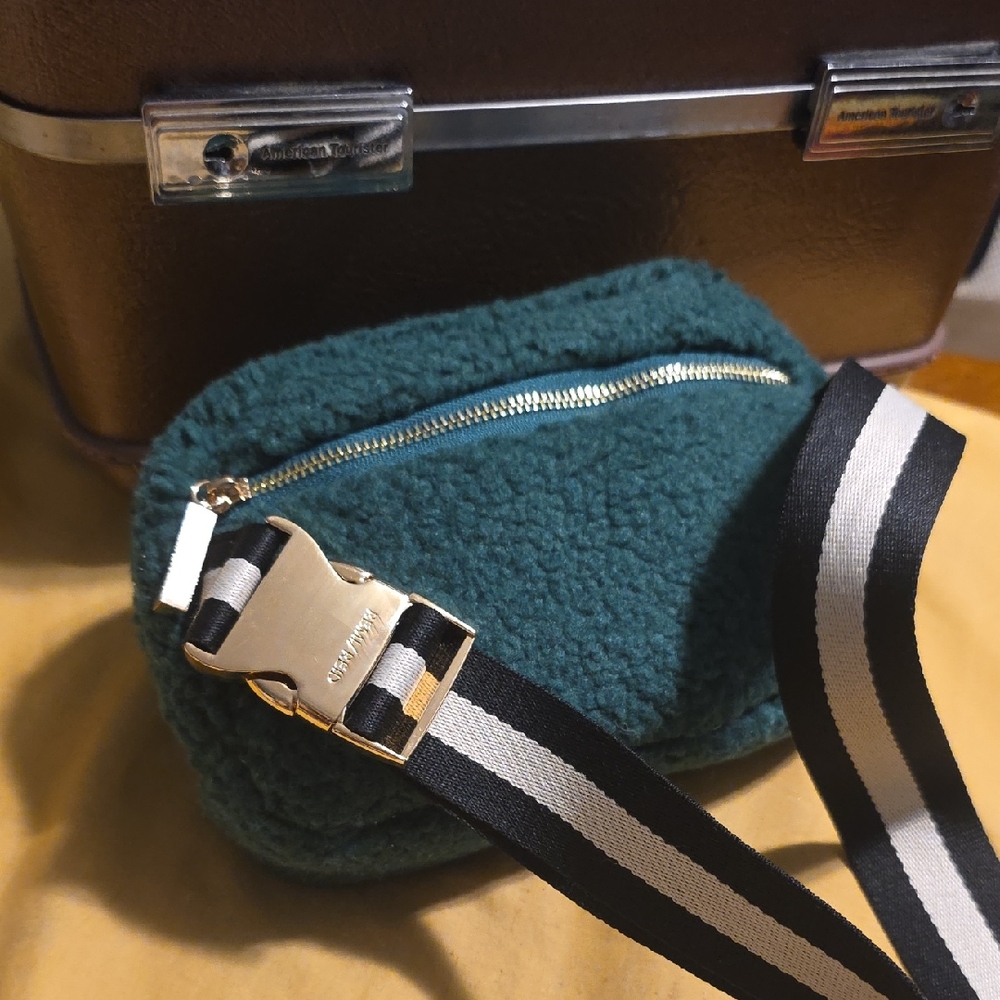 Teal Sherpa Crossbody Bag with Striped Strap